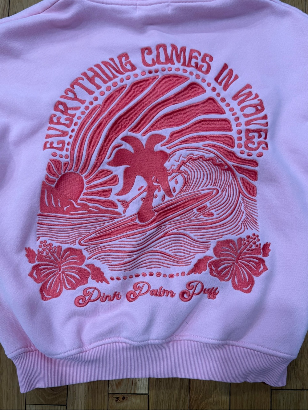 Pink Palm Puff “Everything Comes In Waves” Pink Hoodie, Size Extra Small - Picture 6 of 6
